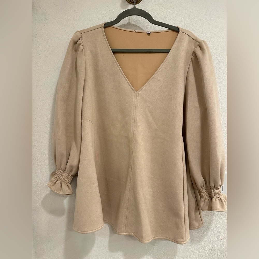 Tuckernuck Beige Faux Suede V-Neck Blouse